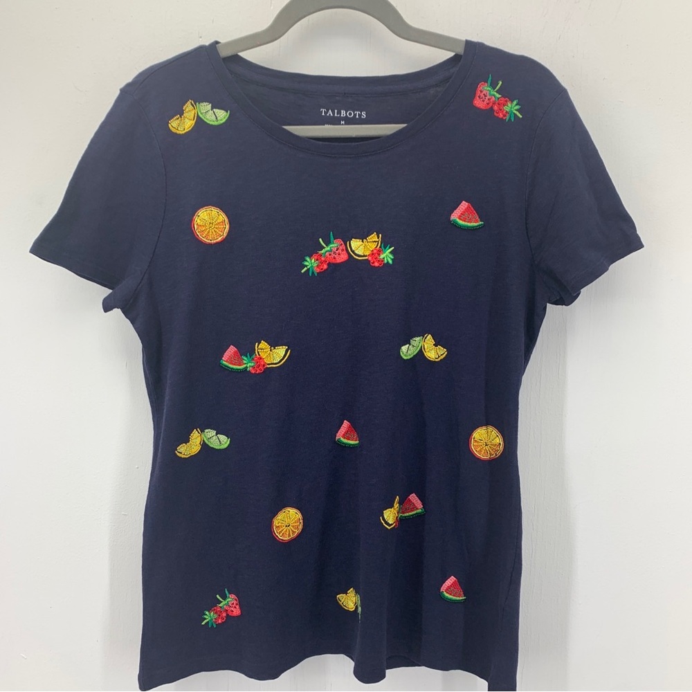 Talbots Womens Medium Tee Tshirt Embroidered Beaded Fruit‎ Cotton Short Sleeve